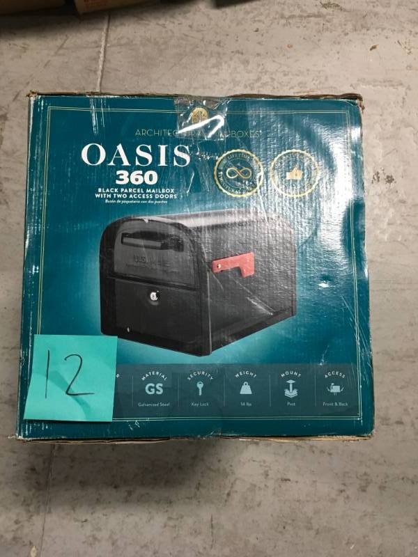 lot 12 image: Architectural Mailboxes Oasis 360 Locking Parcel Mailbox with 2-Access Doors Black in good conditions