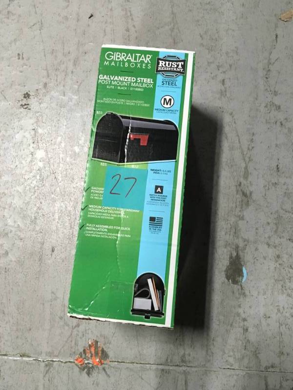 lot 27 image: Gibraltar Mailboxes Elite Medium Black Galvanized Steel Post-Mount Mailbox in good conditions