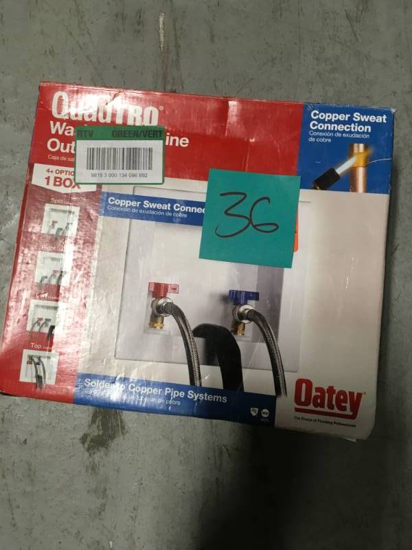 lot 36 image: Oatey Quadtro 2 in. Copper Sweat Washing Machine Outlet Box in good conditions