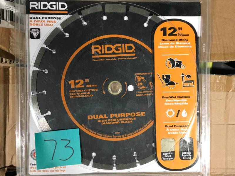lot 73 image: RIDGID 12 in. Dual-Purpose Diamond Blade in good conditions