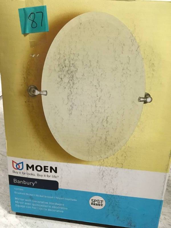 lot 87 image: MOEN Banbury 26 in. x 23 in. Frameless Pivoting Wall Mirror in Brushed Nickel in good conditions