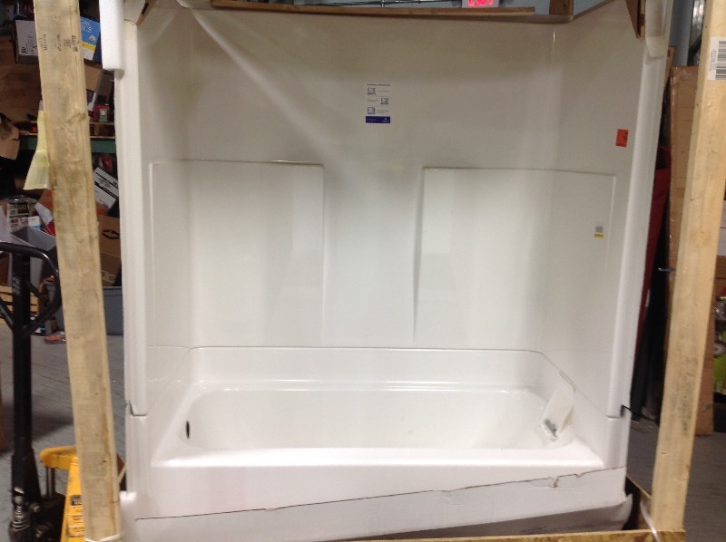 lot 112 image: Aquatic Remodeline 60 in. x 30 in. x 72 in. 2-Piece Bath and Shower Kit with Left Drain in White in good conditions retail $750