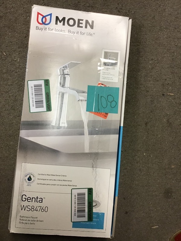 lot 108 image: MOEN Genta Single Hole Single-Handle Bathroom Faucet in Chrome in good conditions