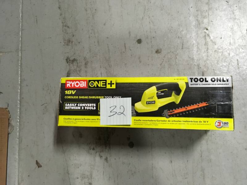 lot 32 image: RYOBI ONE 18-Volt Lithium-Ion Cordless Battery Grass Shear and Shrubber Trimmer (Tool Only) not used