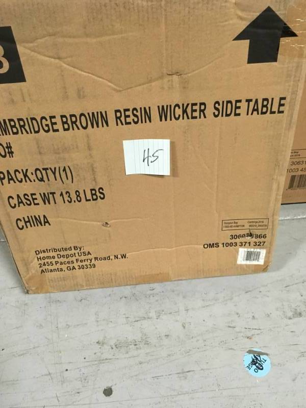 lot 45 image: Hampton Bay Cambridge Brown Wicker Square Outdoor Side Table in good conditions