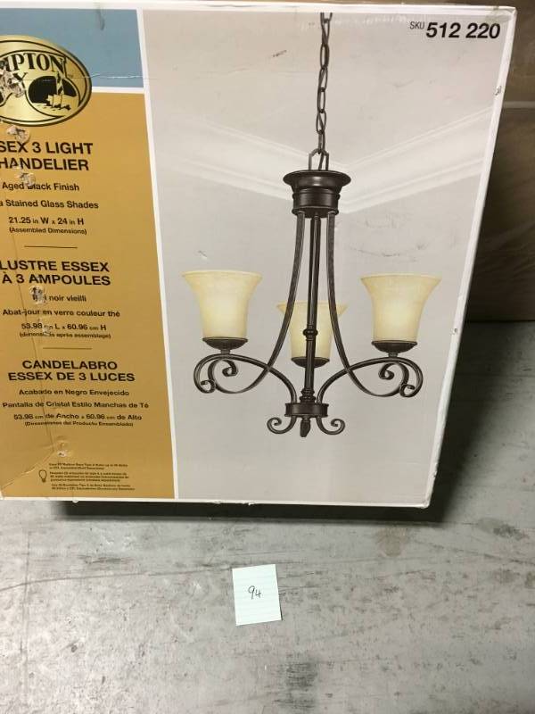lot 94 image: Hampton Bay 14708 Bayessex 3-Light Aged Black Chandelier not used