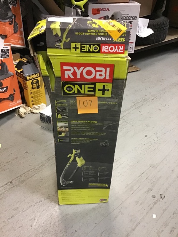 lot 107 image: RYOBI ONE 18-Volt Cordless String TrimmerEdger and BlowerSweeper Combo Kit (2-Tool) - 2.6 Ah Battery and Charger Included in working conditions
