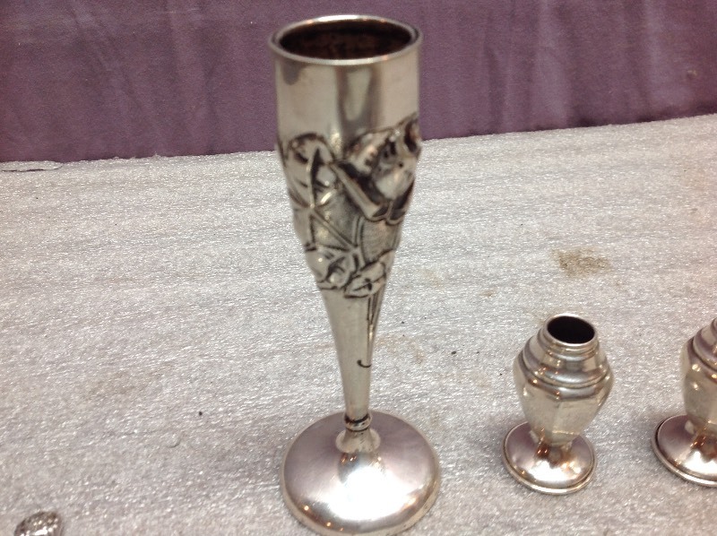 lot 43 image: Vintage Lot of Spoons, Match Box, Salt & Pepper Shakers, Some Sterling