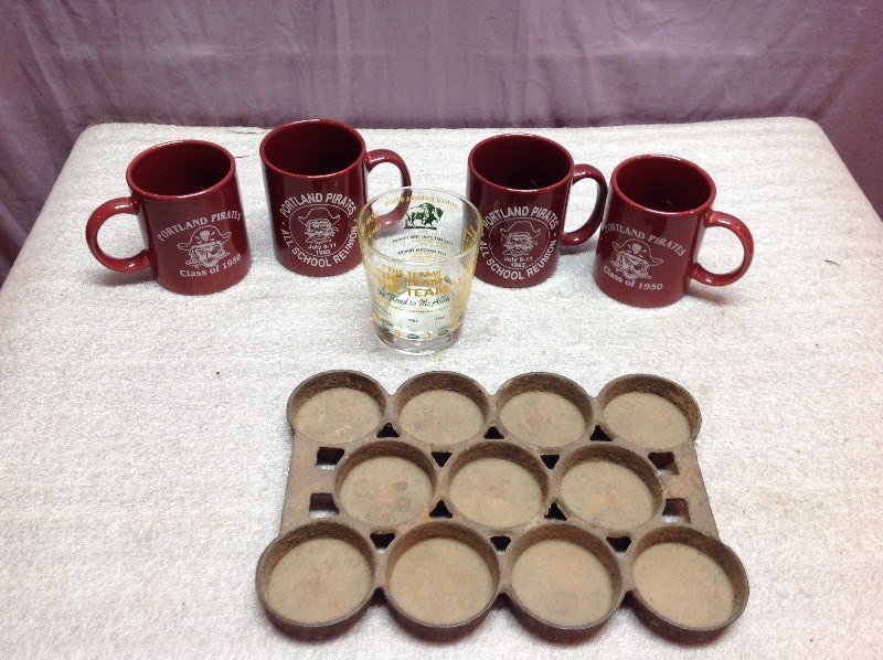 lot 76 image: 1983 Bison Glass, Cast Iron Biscuit Tray & Portland Cups