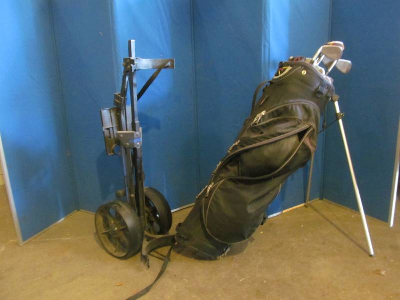 lot 2 image: golf hand pull cart, golf clubs