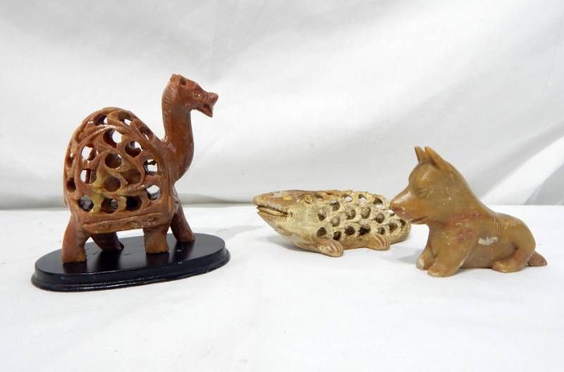 lot 69 image: Vintage Soapstone Camel, Alligator and Dog