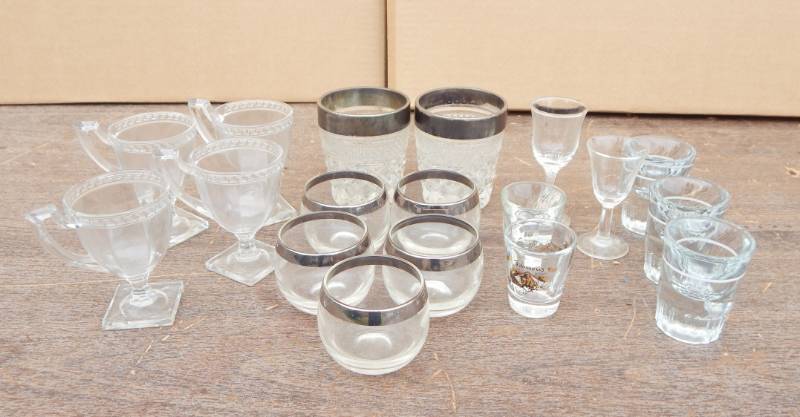 lot 115 image: Lot of Glasses, Shot Glasses and Silver Rimmed Glasses