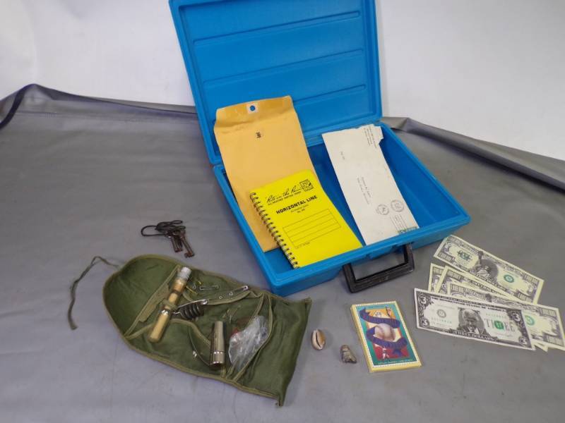 lot 140 image: All Weather Spiral Notebook with pensile, Sewing kit, Skeleton Keys, Blue case and more