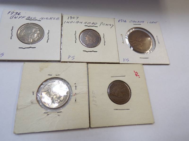 lot 148 image: 1936 and  1937Indian Head Buffalo Nickel, 1890 Cent, 1916 Canadian Cent, 1907 Indian Head Penny,