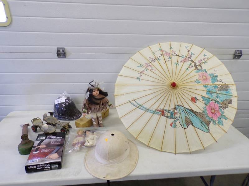 lot 164 image: Vintage Items including, Umbrella, Skates, Hats, Fogger and more