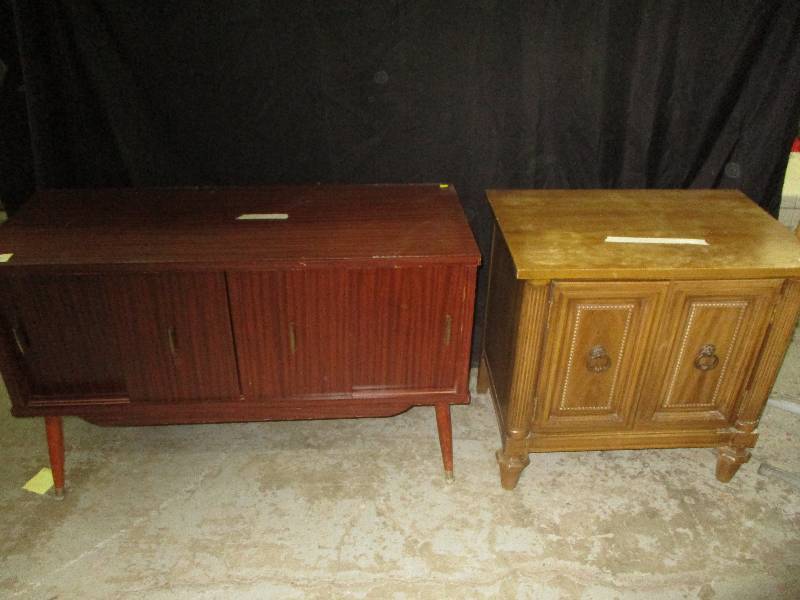 record cabinet and end table