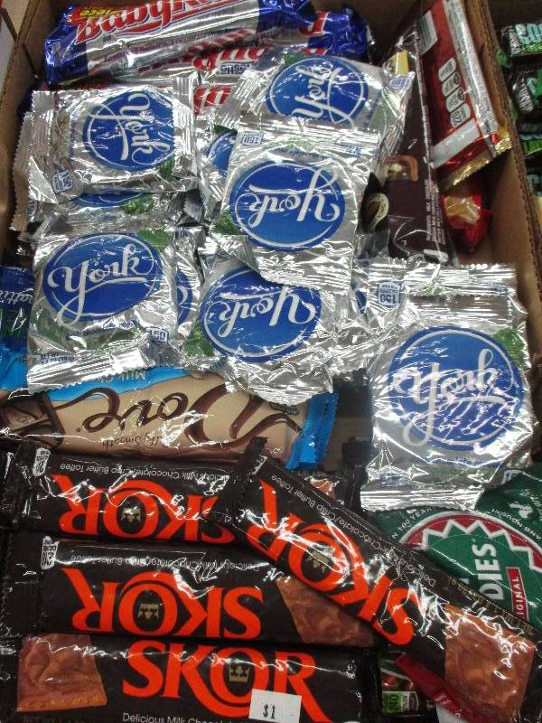 61 assorted york patties, skor, dove, babe ruth candy bars