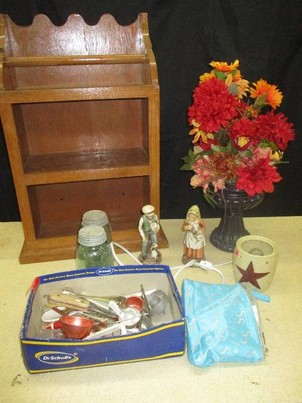 jars, figurines, planters, shelf, cookie cutters, cdsin bag,