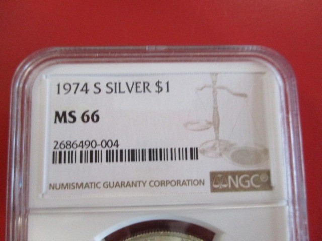 lot 3-13 image: NGC Cvertified 1974-S (San Francisco Mint) Eisenhower Silver Dollar in Mint State 66 Condition.