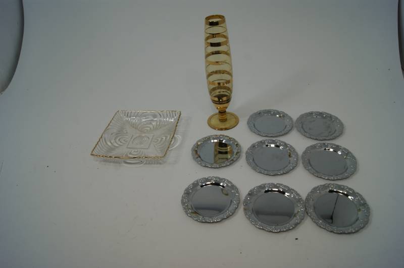 lot 57 image: Antique Art Glass, Plate and Seven Silver Coaster Plates
