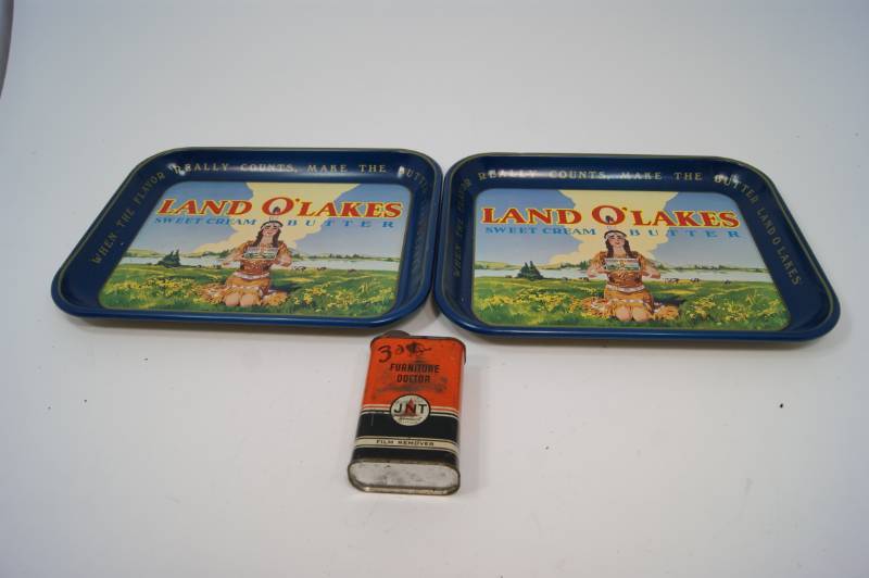 lot 61 image: 2 Land-O-Lakes Serving Trays and Antique Tin Film Remover Container