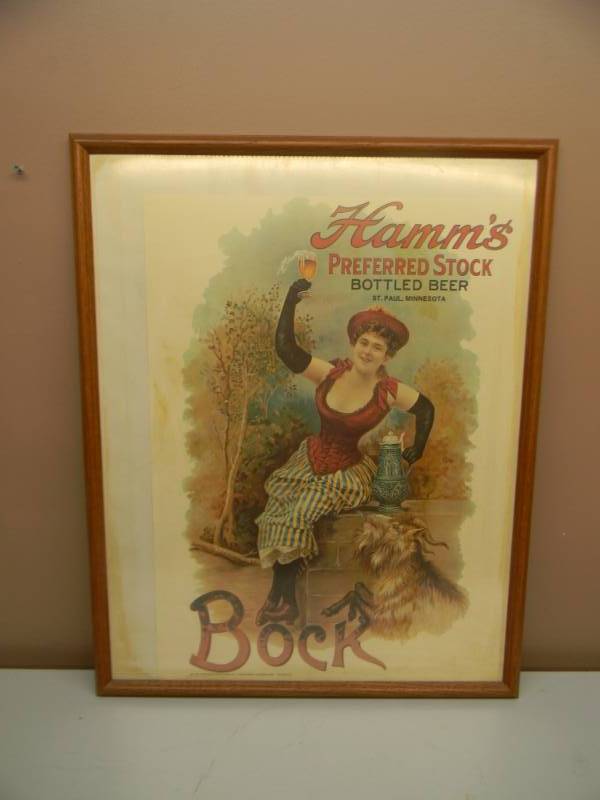 lot 32 image: ORIGINAL - RARE - VINTAGE 1970s HAMMS PREFERRED STOCK BOTTLED BEER BOCK POSTER ADVERTISING SIGN APPROX 24 BY 30- FRAMED - SEE PICTURES