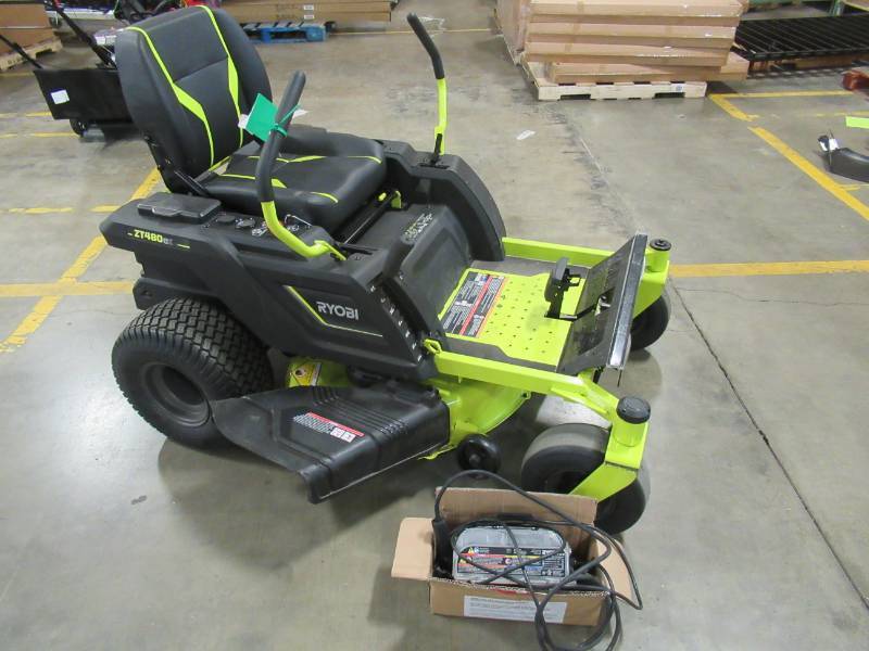 lot 300 image: Ryobi 42 in. 75 Ah Battery Electric Zero Turn Riding Mower With Charger, RY48ZTR75 - In Nice Working Condition. 2.2hrs.