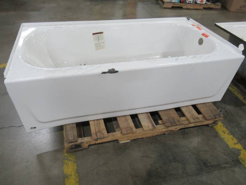 lot 380 image: Bootz 60 X 30 X 17 Tall,  Right Drain Rectangular Alcove Soaking Bathtub in White - Large Chip in Enamel.