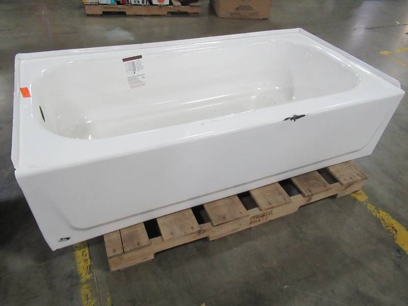 lot 381 image: Bootz 60 X 30 12 X 14 12 Tall,  Left Drain Rectangular Alcove Soaking Bathtub in White. Large Chip in Enamel