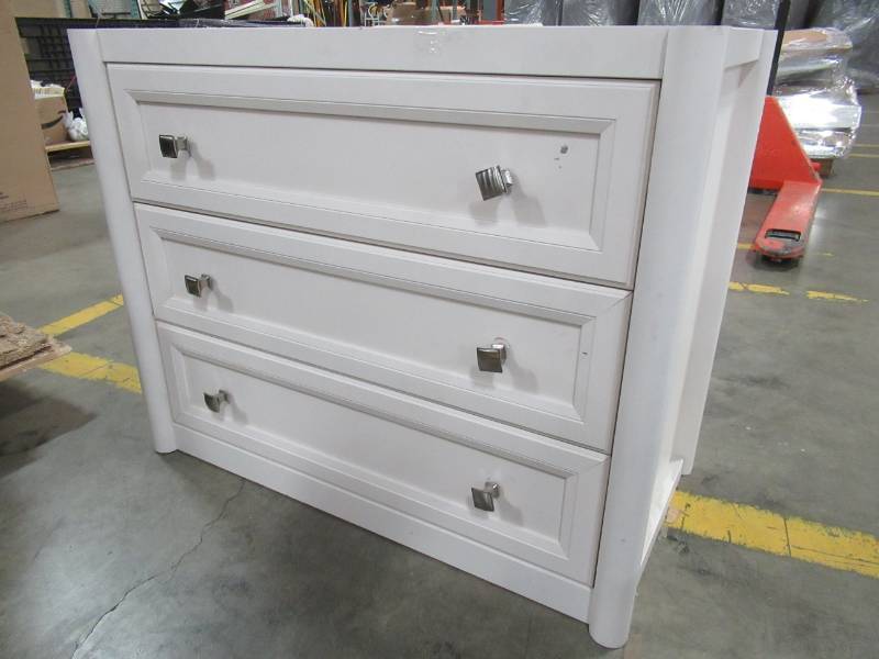 lot 385 image: White 3 Drawer Vanity Cabinet With Brushed Nickel Pulls. 36 X 18 34 X 29 Tall.
