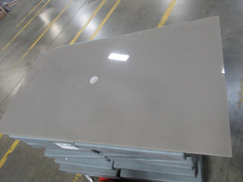 lot 412 image: Glass Patio Table Top With Umbrella Hole, Beige Backing. Measures 62 34 X 34 34 X 18 Thick. - Small Scratches