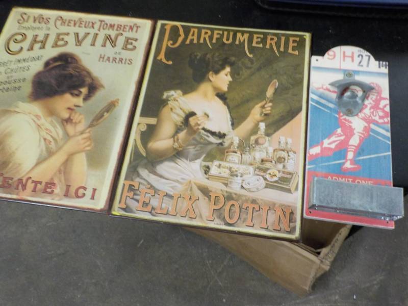 lot 124 image: 2 - 10 x 14 Metal Signs and bottl...
