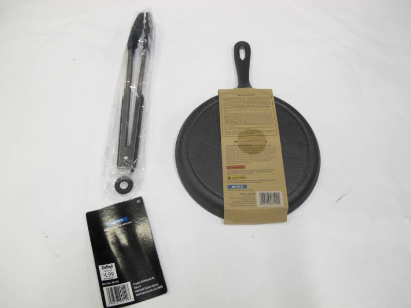 lot B4 image: Grill Set - Small Cast Iron Griddle  BBQ Serving Tongs