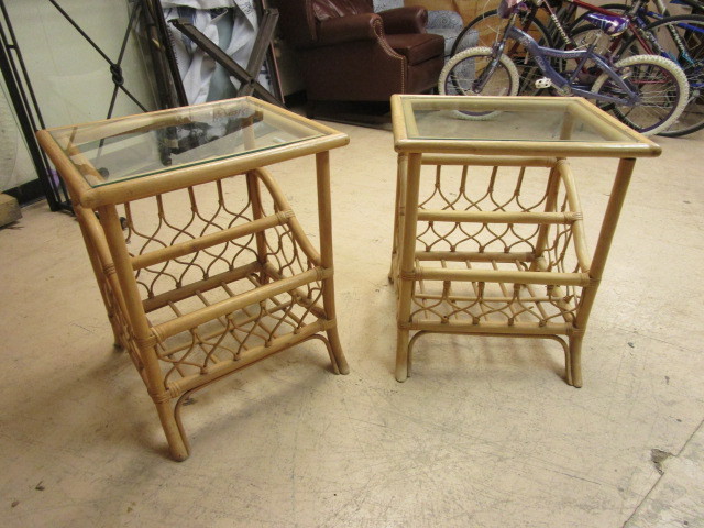 lot 124 image: RATTAN END TABLES WITH MAGAZINE RACKS