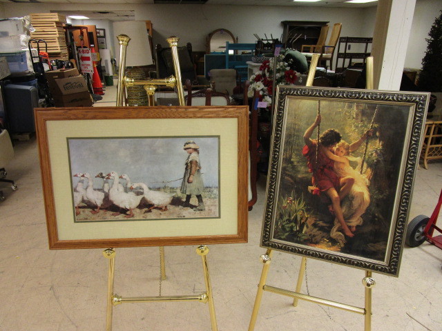 lot 161 image: GIRL WITH GEESE AND A MAN AND WOMAN ON A SWING ART PRINTS