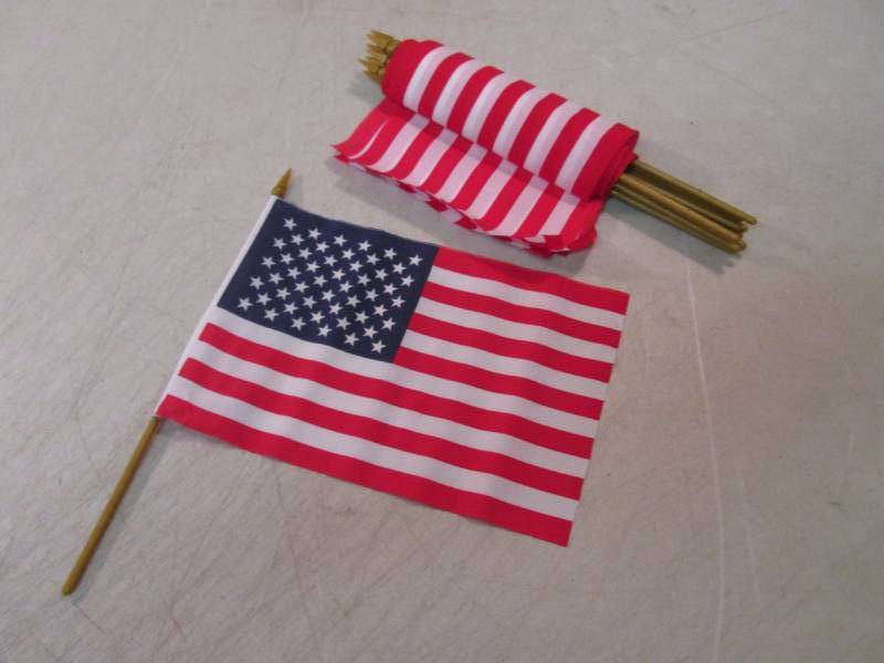 lot 103 image: Lot of 12 - 6 x 9 US Flags on Sti...