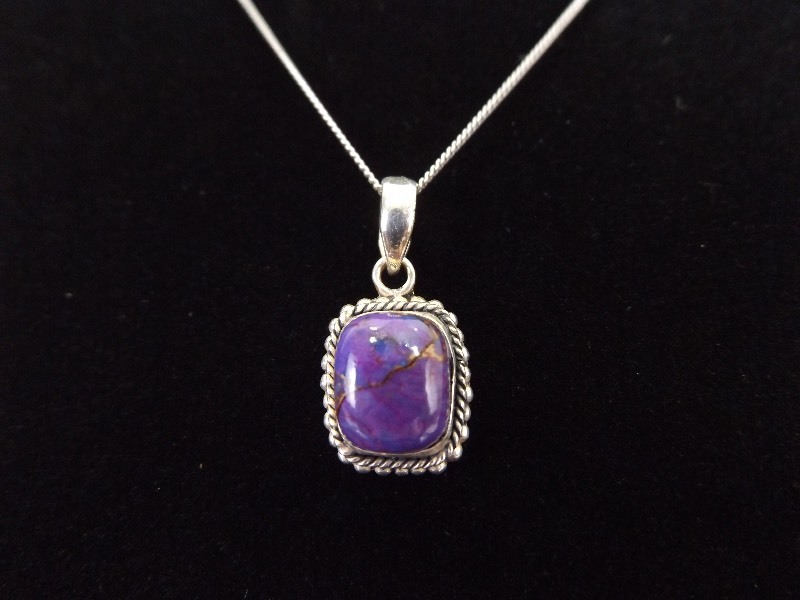 lot 7 image: .925 Sterling Silver Purple Jade Turkiyenite Cabochon Pendant Necklace