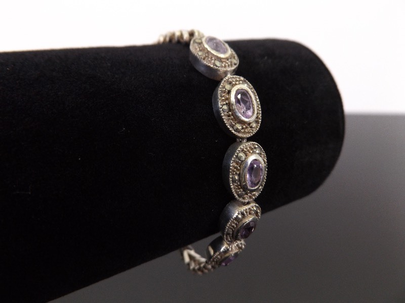 lot 25 image: .925 Sterling Silver Faceted Amethyst Bracelet