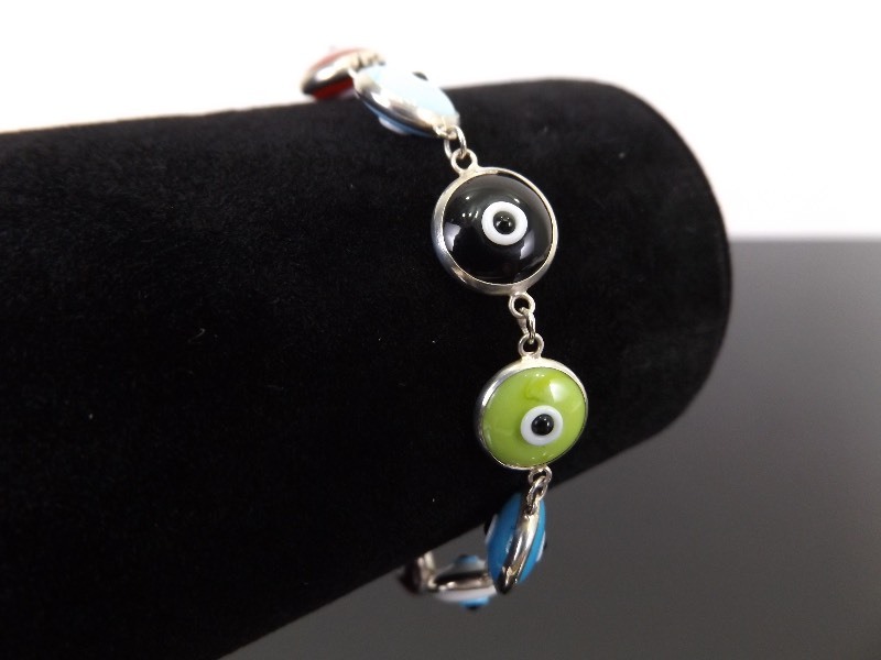 lot 26 image: .925 Sterling Silver Multi Colored Glass Lamp Work Evil Eye Bracelet