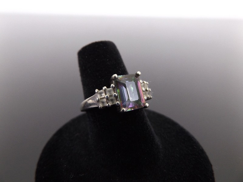lot 41 image: .925 Sterling Silver Emerald Cut Mystic Quartz Ring Size 7