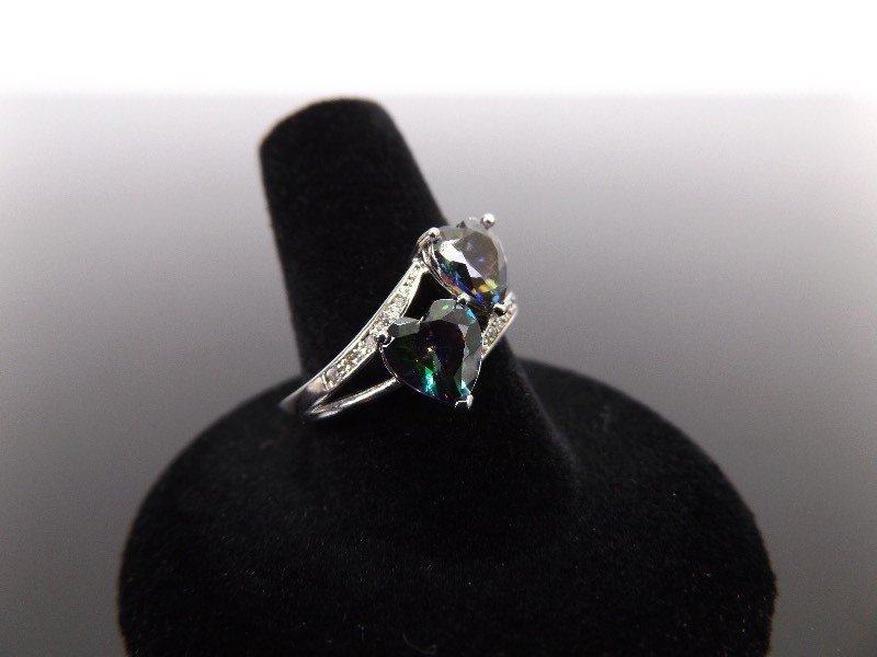 lot 43 image: .925 Sterling Silver Diamond Accented Heart Cut Mystic Quartz Ring Size 9.75