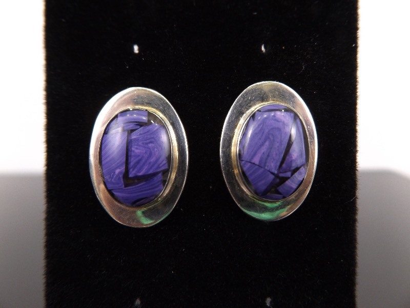 lot 73 image: .925 Sterling Silver Charoite Chip Cabochon Post Earrings