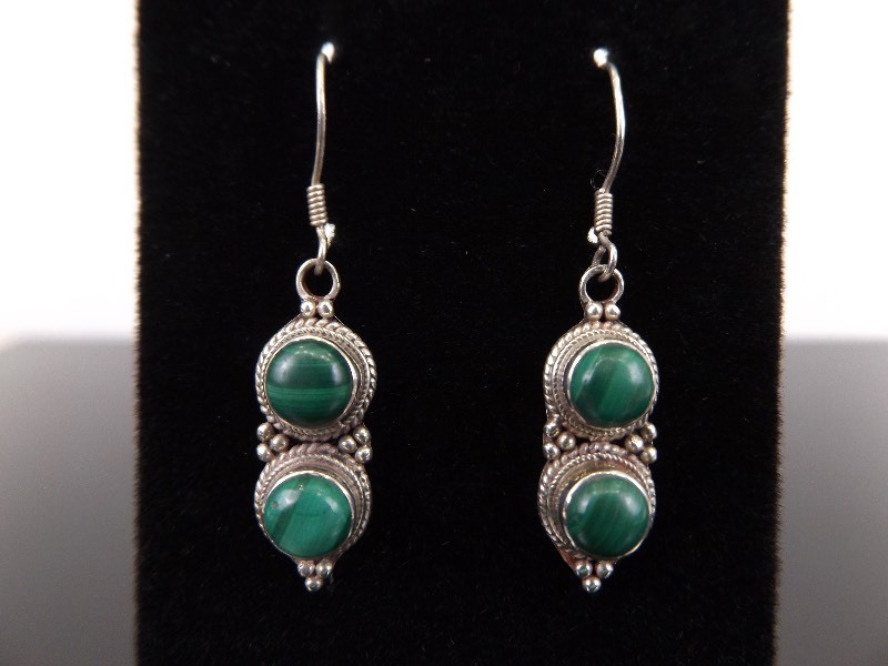 lot 75 image: .925 Sterling Silver Malachite Dangle Hook Earrings