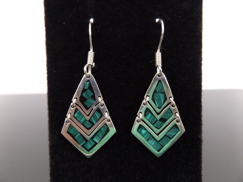 lot 76 image: .925 Sterling Silver Inlayed Malachite Hook Dangle Earrings