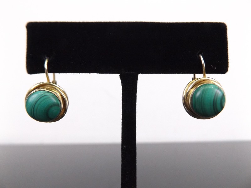 lot 78 image: .925 Sterling Silver Malachite Cabochon Hook Clasp Vermeil Earrings