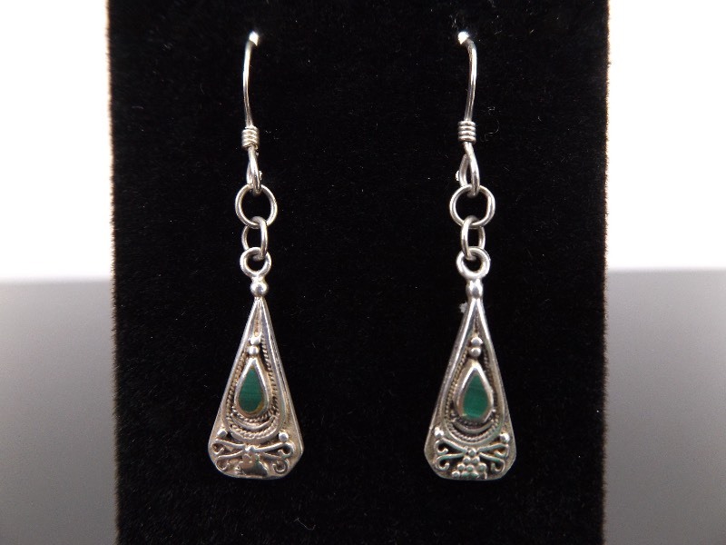 lot 79 image: .925 Sterling Silver Art Nouveau Inlayed Malachite Dangle Hook Earrings