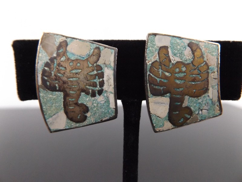 lot 80 image: .925 Sterling Silver Inlayed Turquoise Chip Aztec Screw Back Earrings