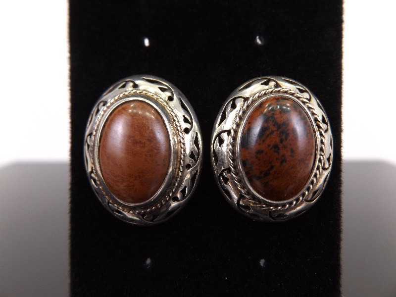 lot 84 image: .925 Sterling Silver Mahogany Obsidian Cabochon Post Earrings