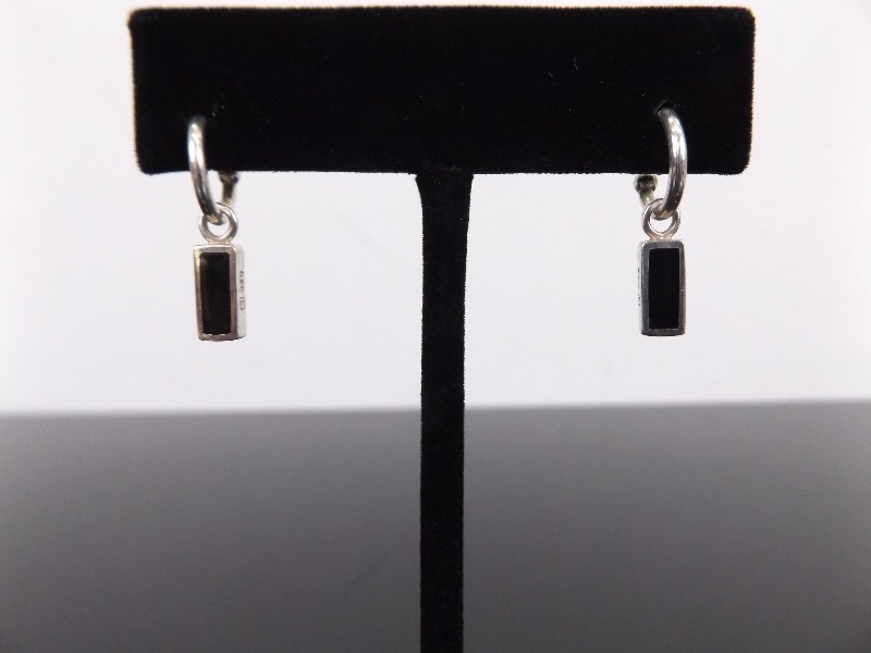lot 91 image: .925 Sterling Silver Reversible Onyx and Mother of Pearl Dangle Hoop Post Earrings