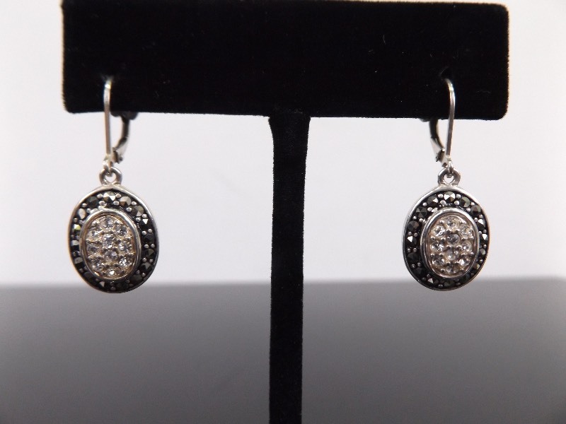 lot 94 image: .925 Sterling Silver Oval Art Nouveau Crystal Dangle Hook Clasp Earrings